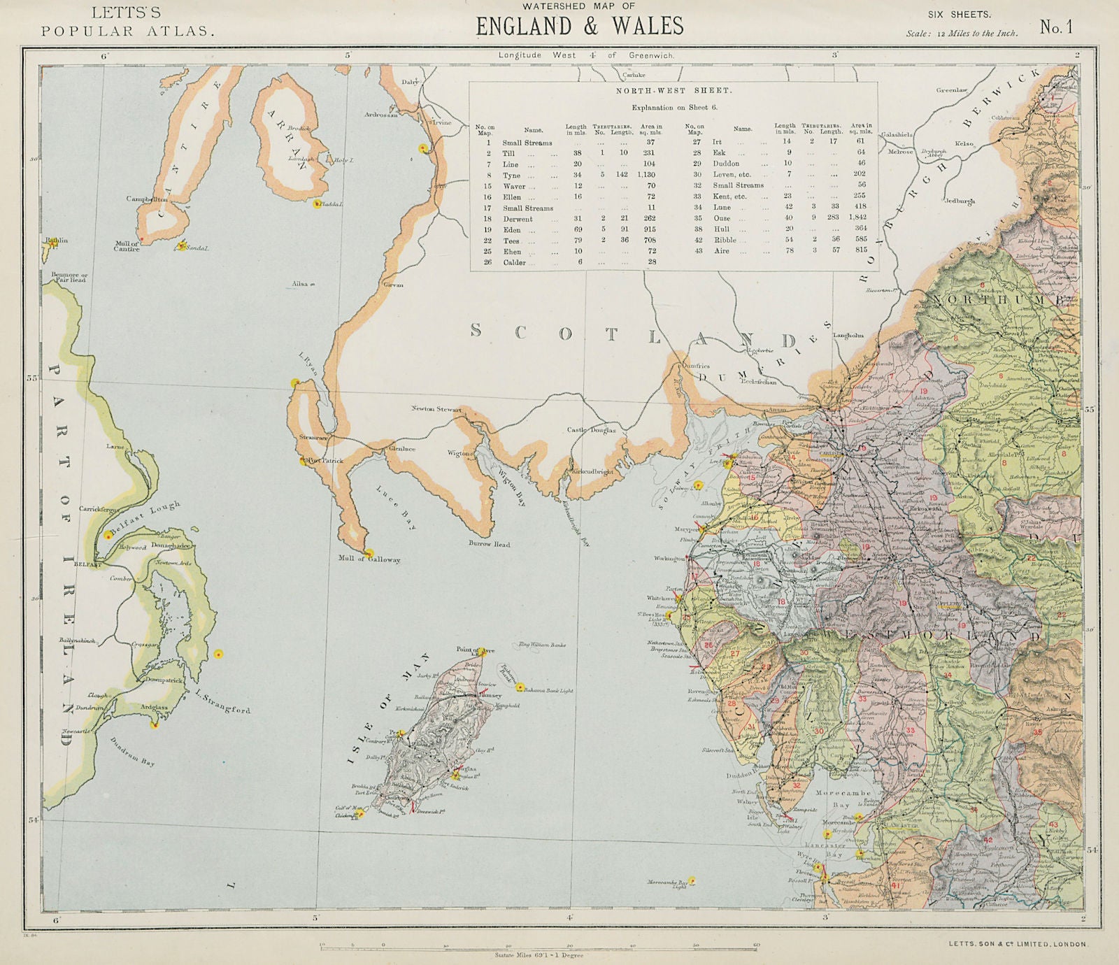 LAKE DISTRICT & ISLE OF MAN WATERSHEDS ^ Lighthouses. Cumbria. LETTS 1884 map
